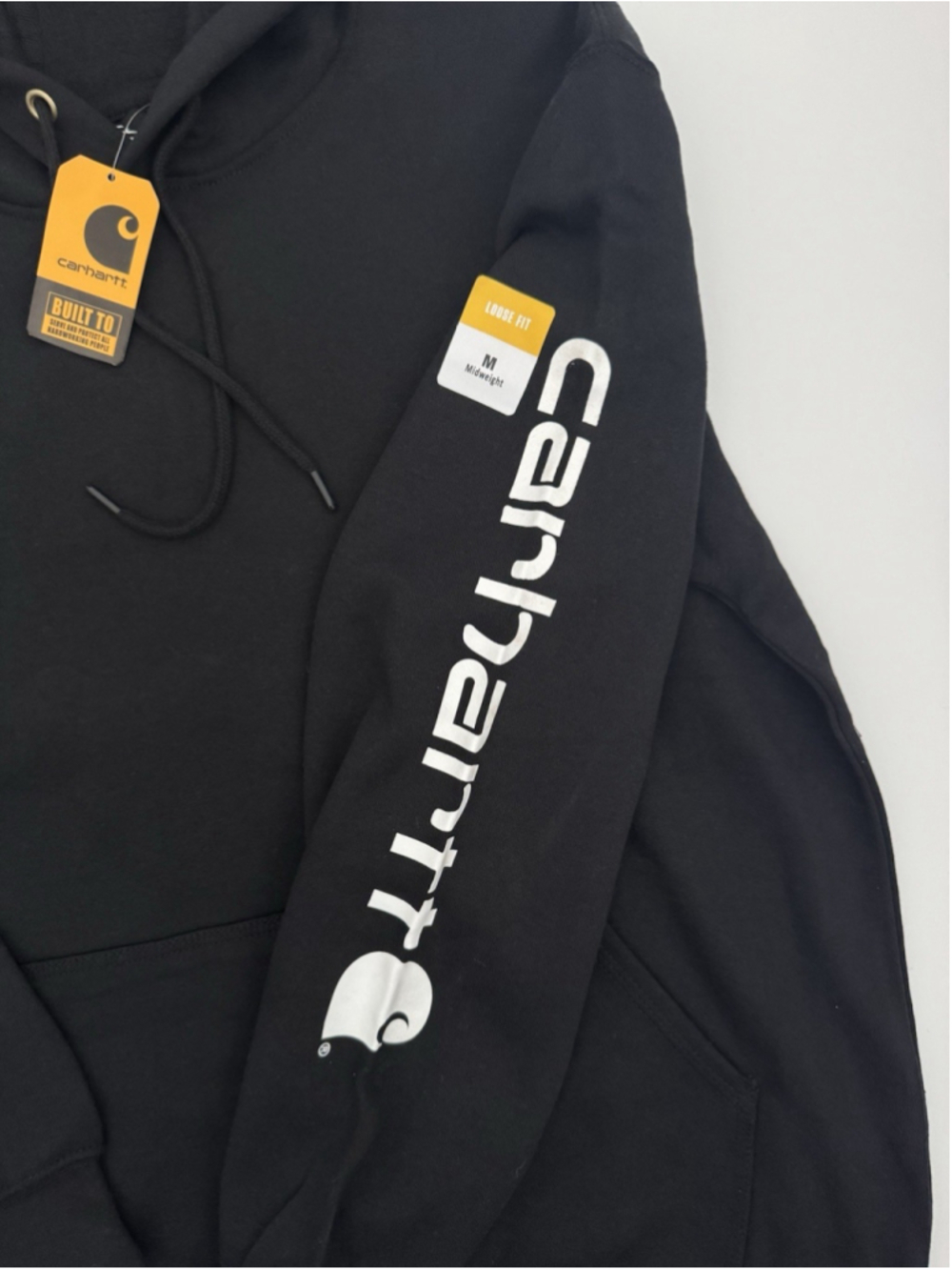 Carhartt Hoodie Mens Medium Black Loose Fit Midweight Logo Sleeve Sweatshirt New - Picture 4 of 5